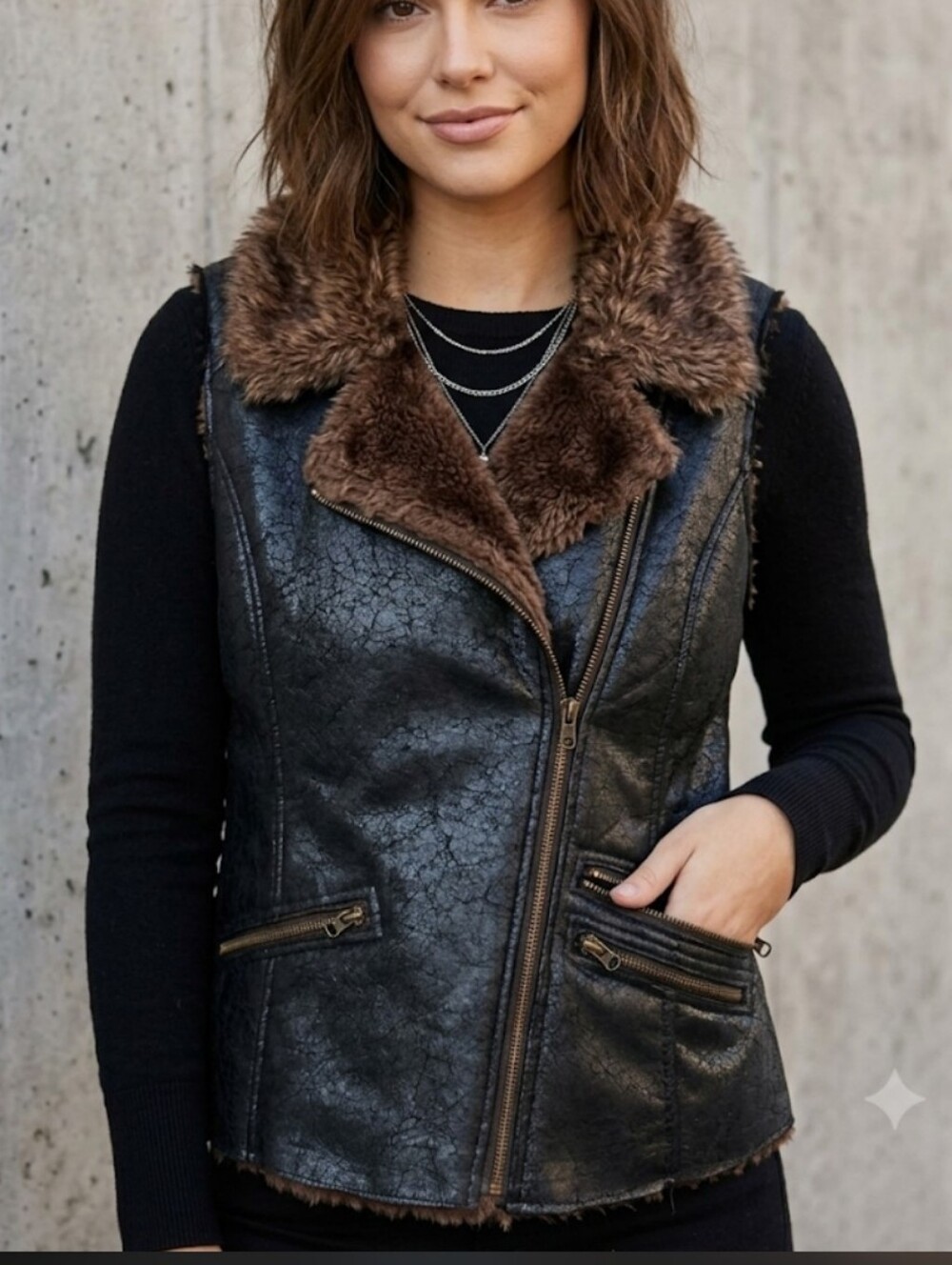 Womens Black Faux Leather Vest Faux Fur Trim Sleeveless Vest Y2K Biker Chic